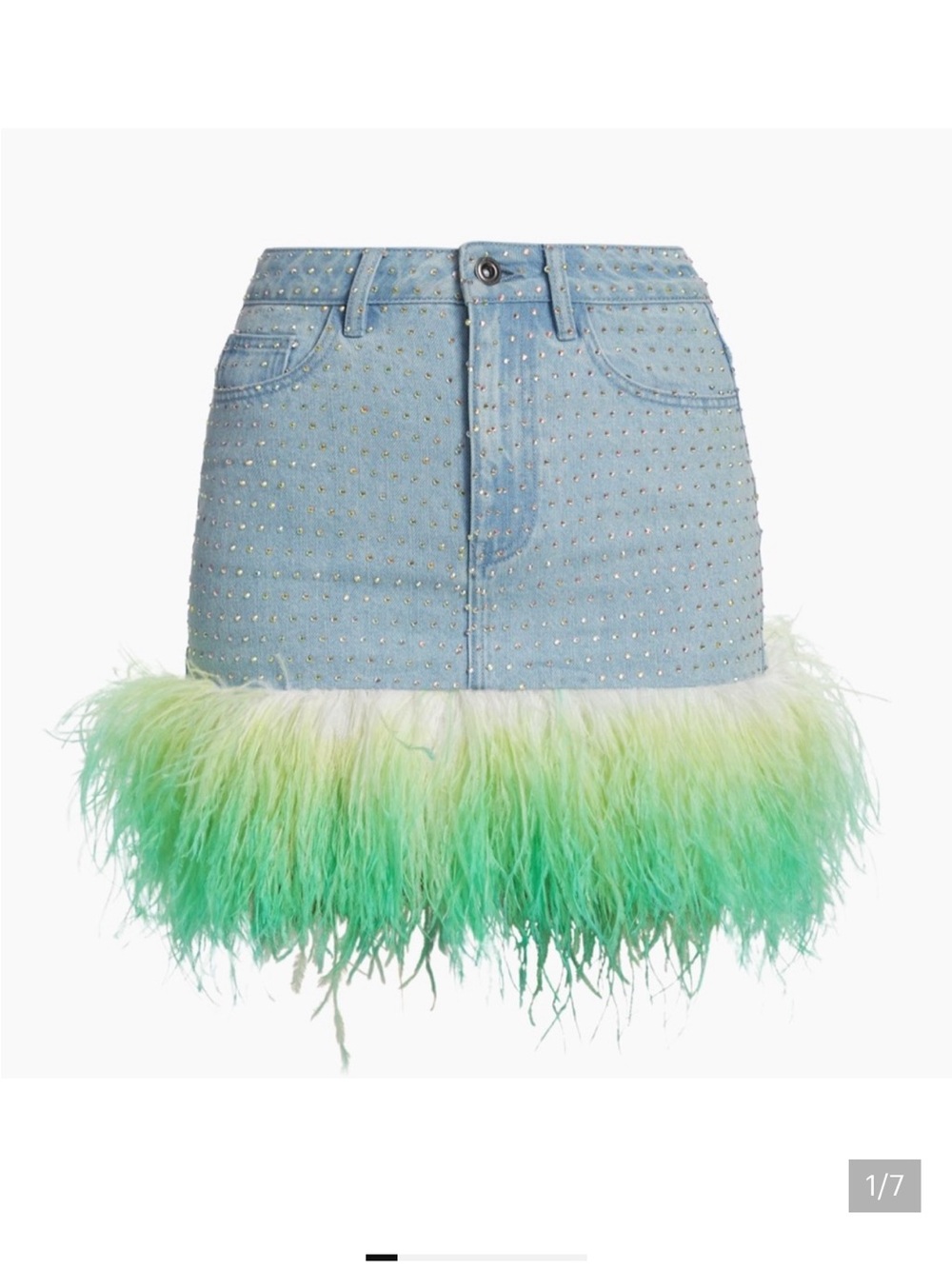 Self Portrait Rhinestone & Feather Denim Miniskirt